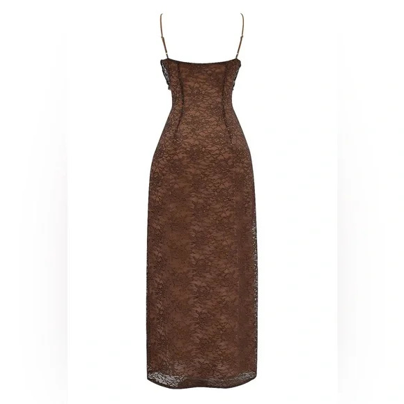 House of CB Lucianna Lace Maxi Dress XS Metallic Bronze Espresso Formal Gown  NWT